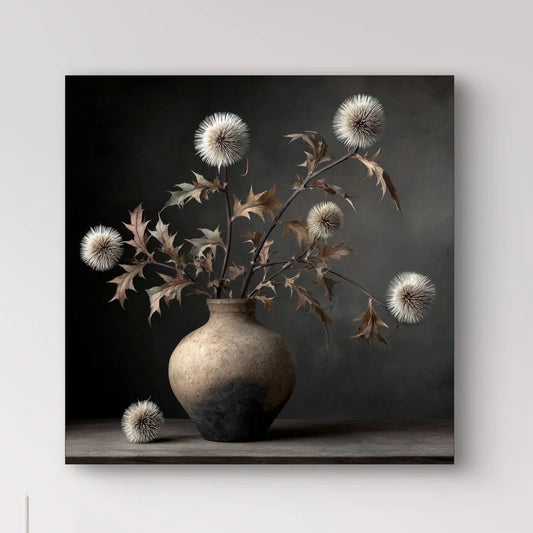 Detailopname van kunstwerk Doornzang met distelbloemen in kruik tegen donkere achtergrond 
