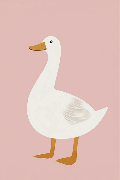 Minimalistisch kunstwerk van een eend in profiel met roze achtergrond en rustige uitstraling
