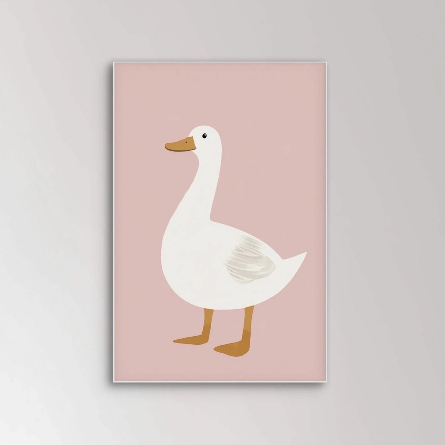 Illustratie van een witte eend met oranje snavel en poten tegen een roze achtergrond
