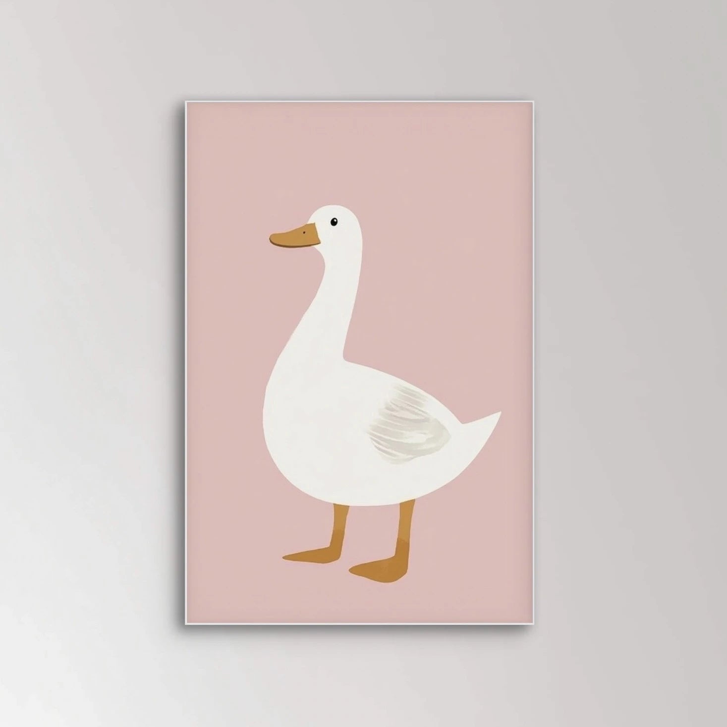 Illustratie van een witte eend met oranje snavel en poten tegen een roze achtergrond
