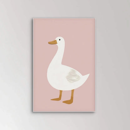 Illustratie van een witte eend met oranje snavel en poten tegen een roze achtergrond
