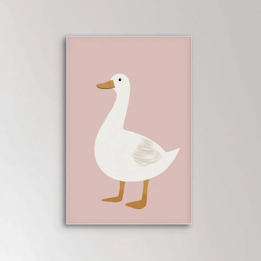 Illustratie van een witte eend met oranje snavel en poten tegen een roze achtergrond
