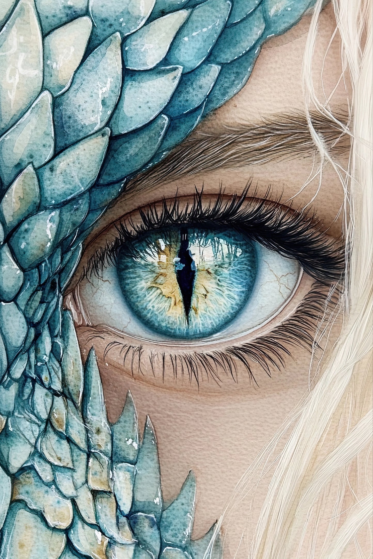 Volledige afbeelding van Drakenblik, een hyperrealistisch portret met draakenschubben en een intens kijkend oog
