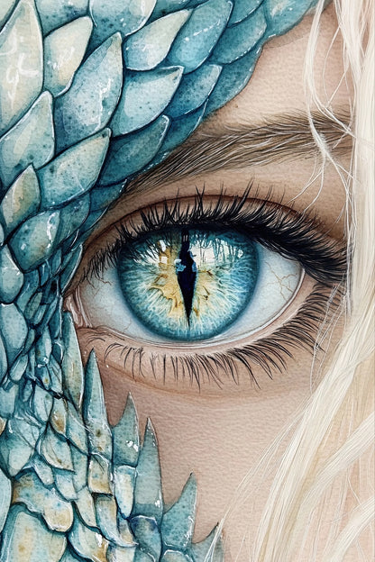 Volledige afbeelding van Drakenblik, een hyperrealistisch portret met draakenschubben en een intens kijkend oog
