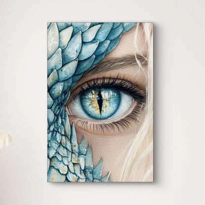 Close-up van een felblauw oog met verticale pupil en turquoise schubben op de huid
