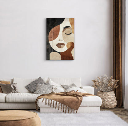 Moderne wanddecoratie van vrouwelijk portret in warme aardetinten in sfeervol interieur
