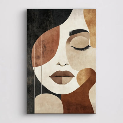 Detail van vrouwengezicht in abstracte vormen en zachte bruin- en beigetinten
