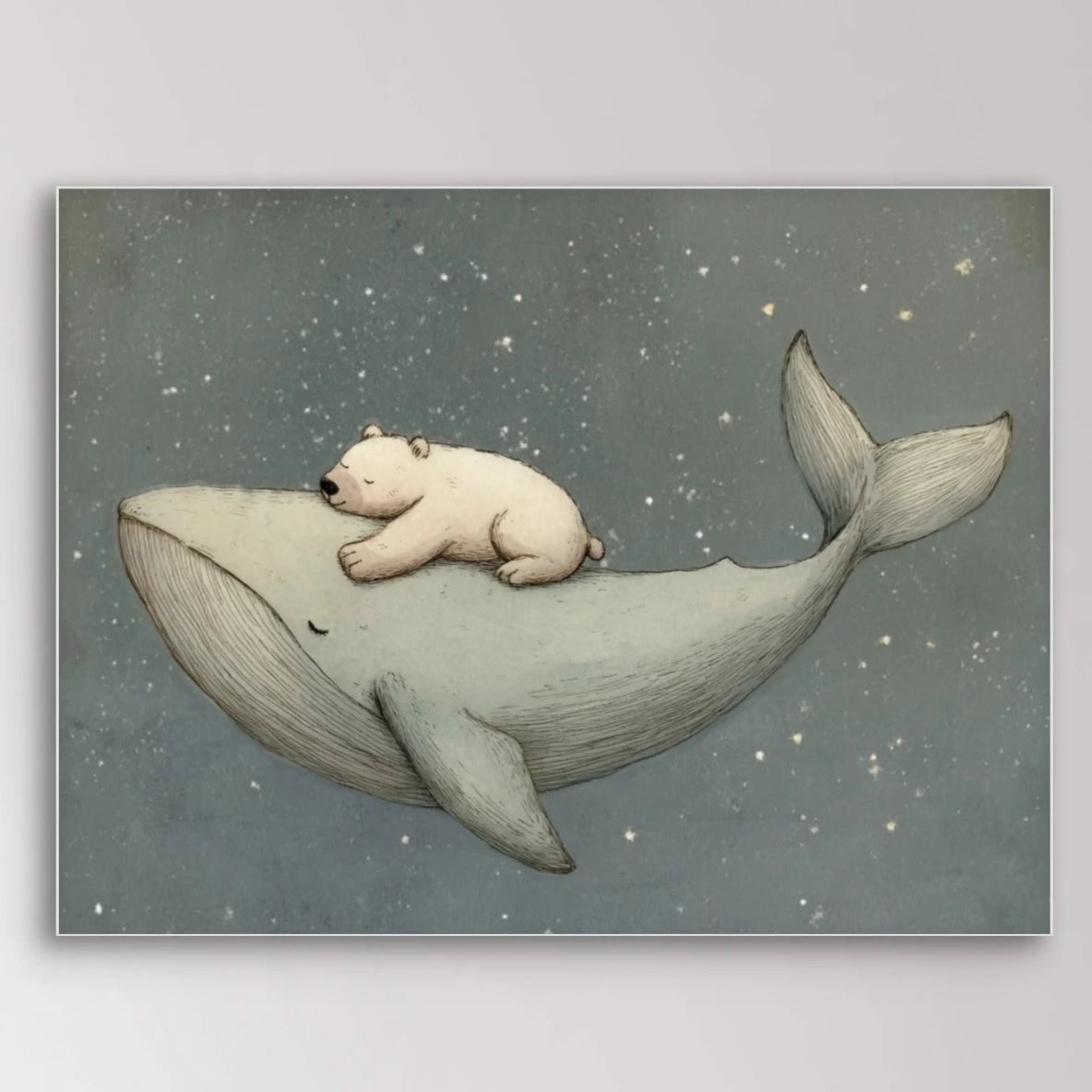 Detail van ijsbeer slapend op walvis, tegen sterrenhemel
