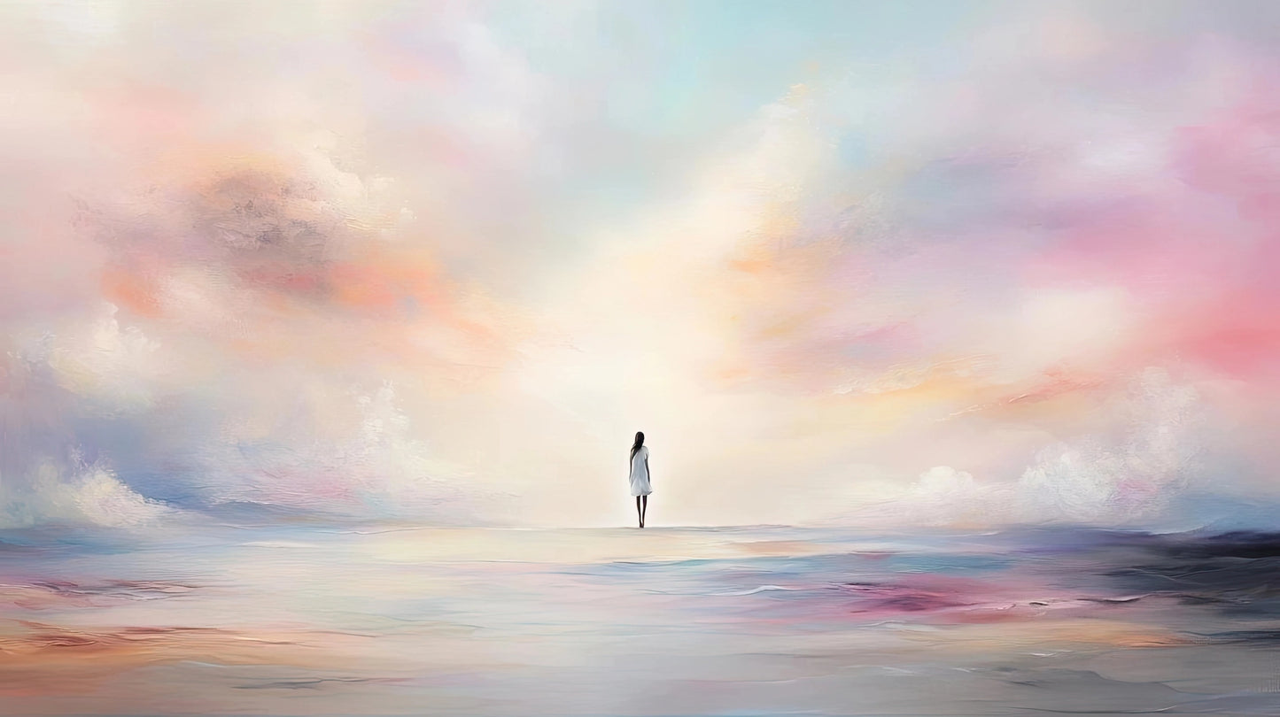 Volledige afbeelding van dromerige muurkunst met pastelkleuren en symbolisch figuur in de verte
