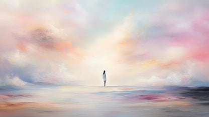 Volledige afbeelding van dromerige muurkunst met pastelkleuren en symbolisch figuur in de verte
