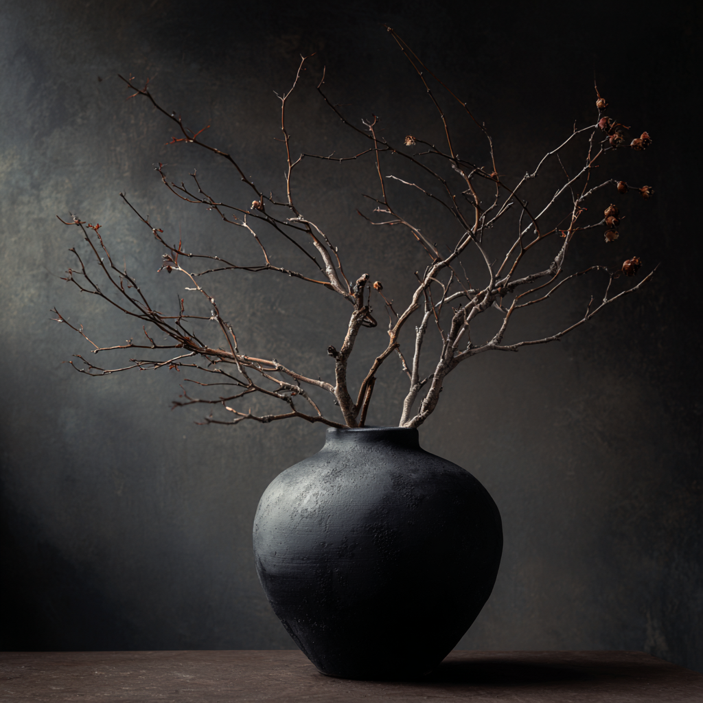 Kunstwerk Droogte van de Tijd met donkere aardse vaas en vergane takken in zachte natuurlijke tinten.
