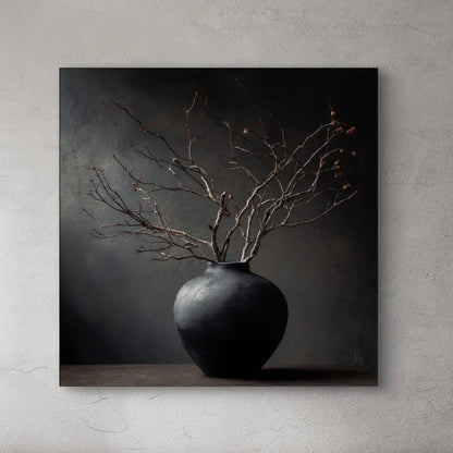 Detail van het kunstwerk Droogte van de Tijd met donkere vaas en verdroogde takken tegen grijze achtergrond.
