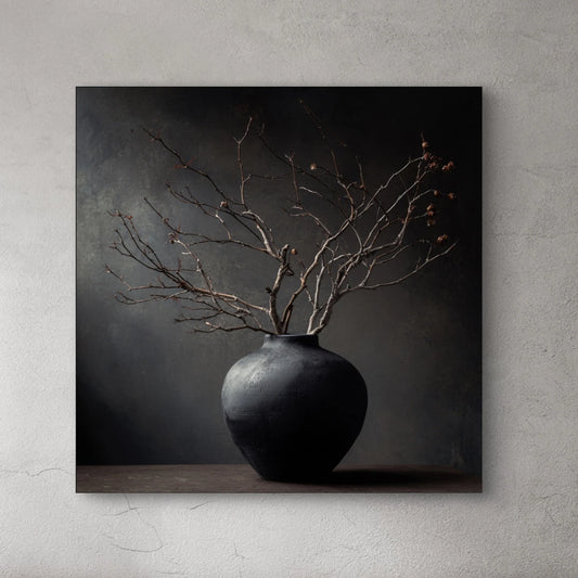 Detail van het kunstwerk Droogte van de Tijd met donkere vaas en verdroogde takken tegen grijze achtergrond.
