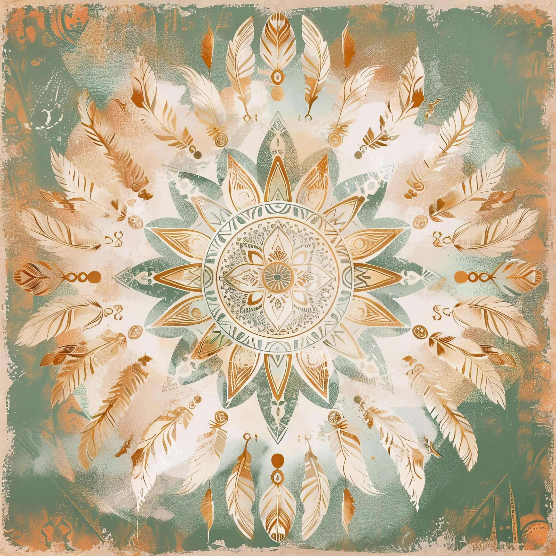 Kunstwerk van mandala met veertjes en cirkelvormen in rustige aardetinten
