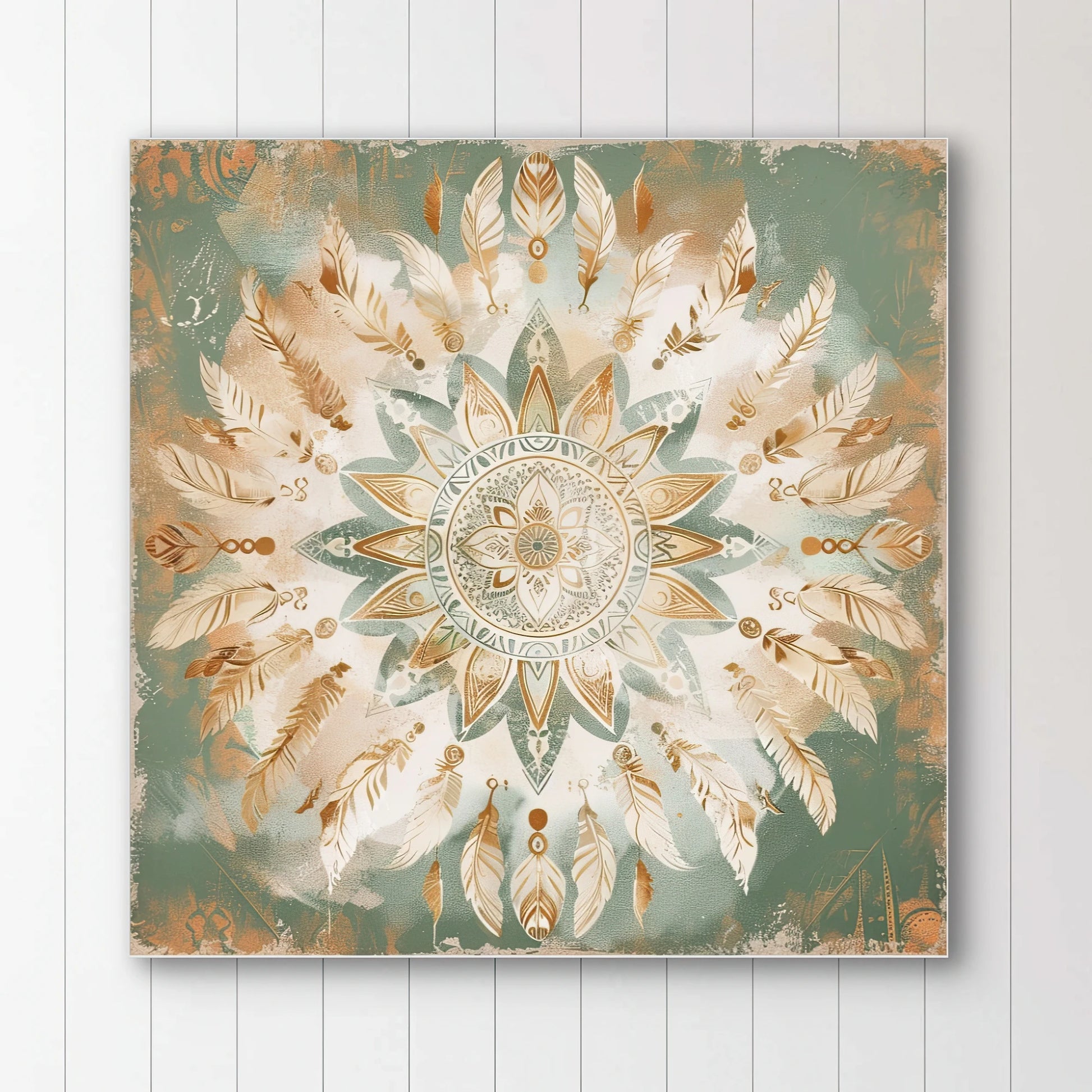Detail van symmetrische veercompositie in saliegroen, koper en wit met mandalapatroon
