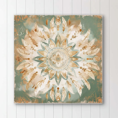 Detail van symmetrische veercompositie in saliegroen, koper en wit met mandalapatroon
