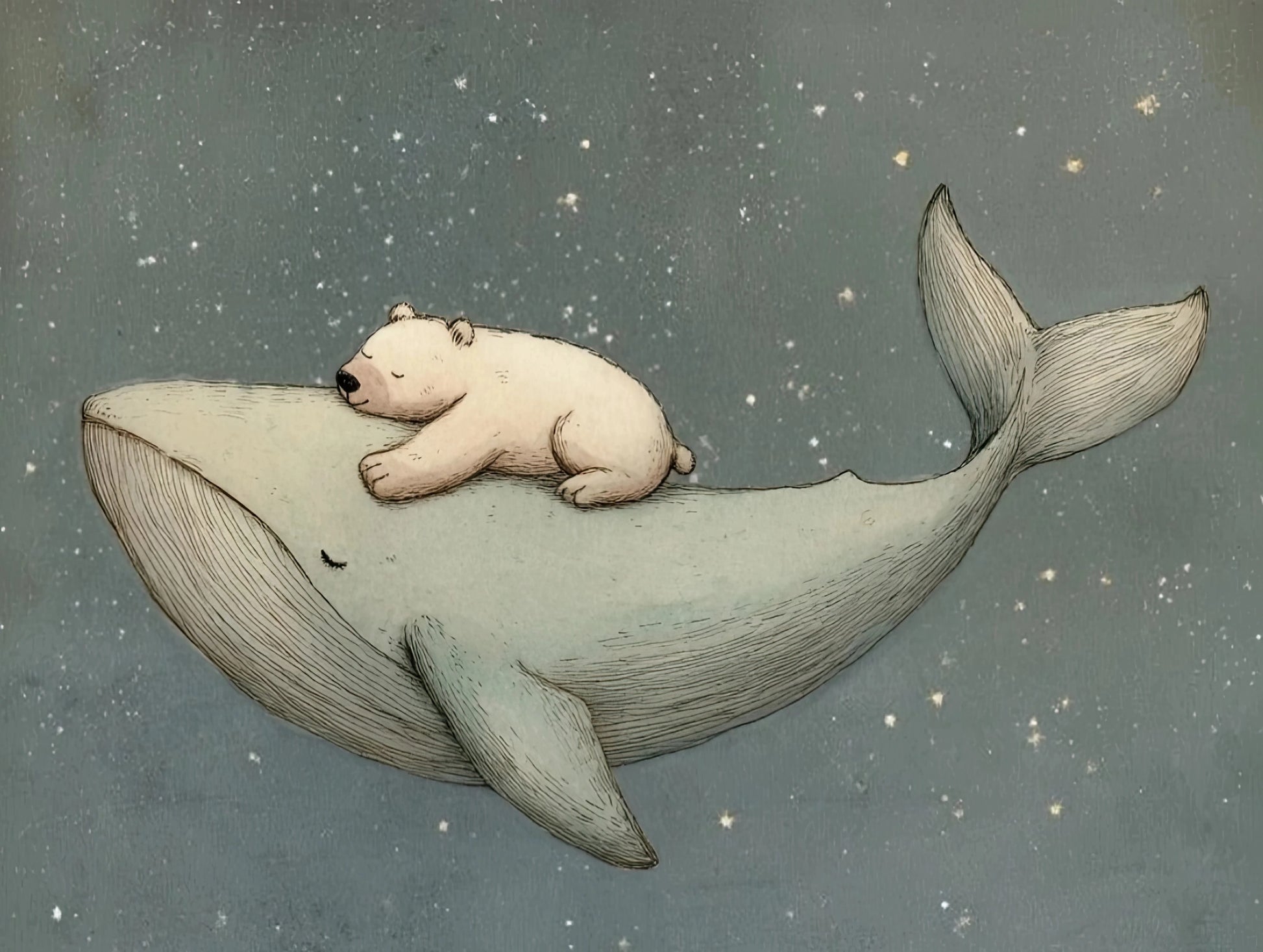 Illustratie van slapende ijsbeer op walvis in sterrennacht
