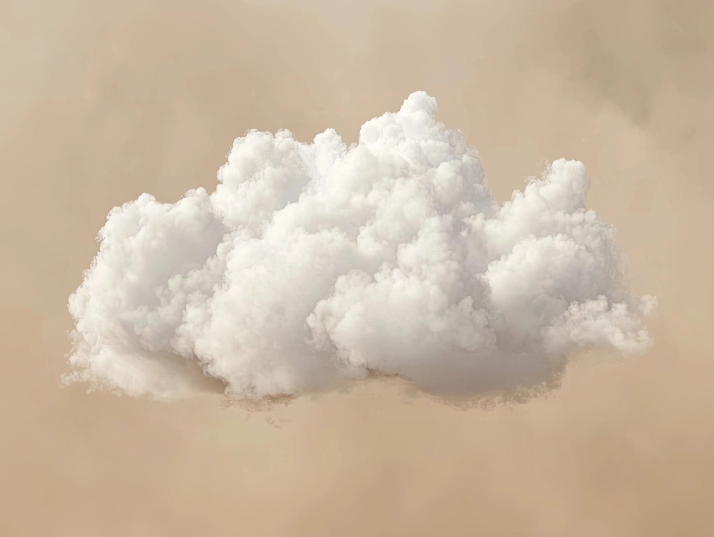 Volledig textielkunstwerk met een enkele witte wolk op een egale, beige achtergrond
