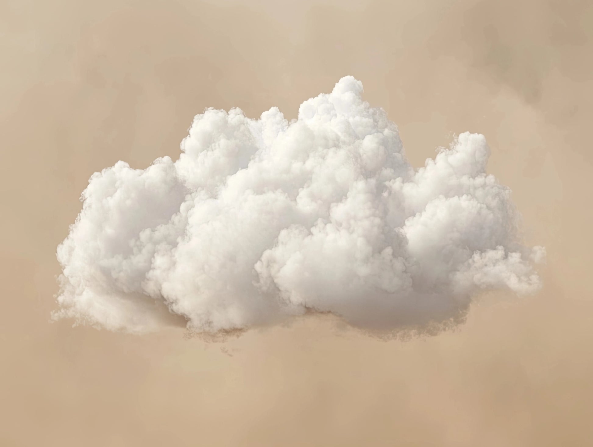 Volledig textielkunstwerk met een enkele witte wolk op een egale, beige achtergrond
