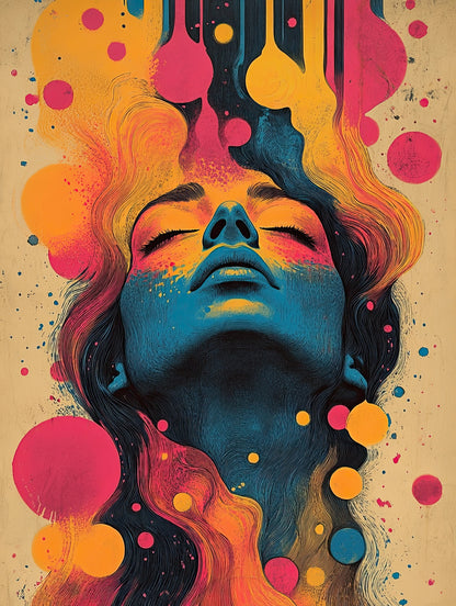 Volledige afbeelding van Droom in Kleur, een kleurrijk en dromerig portret met abstracte accenten
