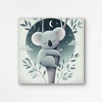 Detail van een slapende koala die een boom omarmt onder een nachtelijke hemel met maan en bladeren in zachte tinten.
