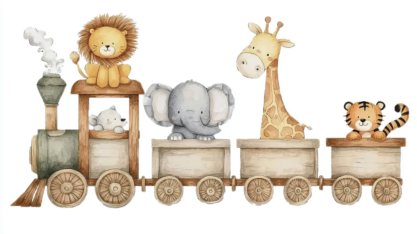 Volledige weergave van een vrolijke kinderkamerillustratie met een trein vol safari-dieren, waaronder een leeuw, olifant, giraffe en tijger.
