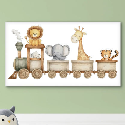 Detailweergave van een illustratie met een leeuw, olifant, giraffe en tijger in een houten trein, met zachte kleuren en vriendelijke gezichten.
