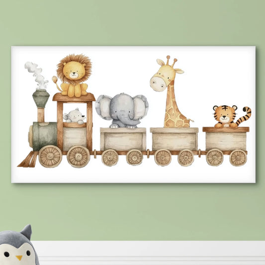 Detailweergave van een illustratie met een leeuw, olifant, giraffe en tijger in een houten trein, met zachte kleuren en vriendelijke gezichten.

