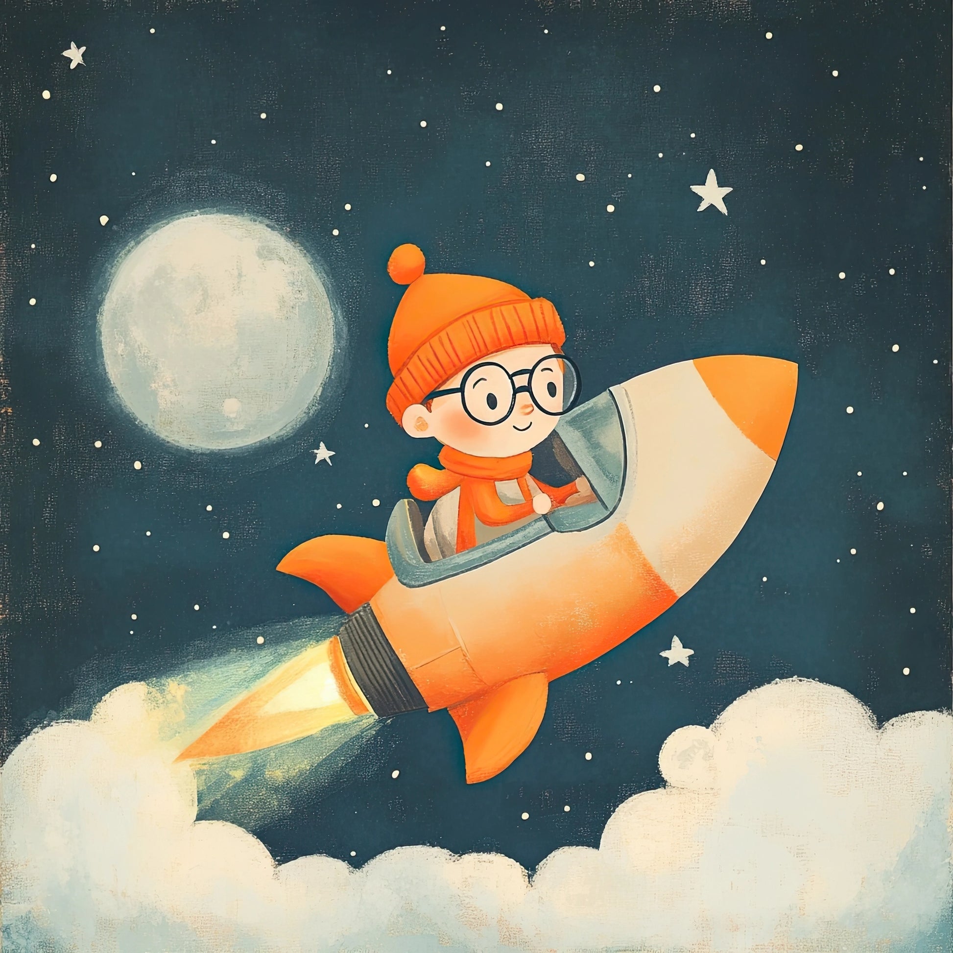 Volledige illustratie van een kind dat in een oranje raket door de wolken vliegt, met een volle maan en sterren op de achtergrond.
