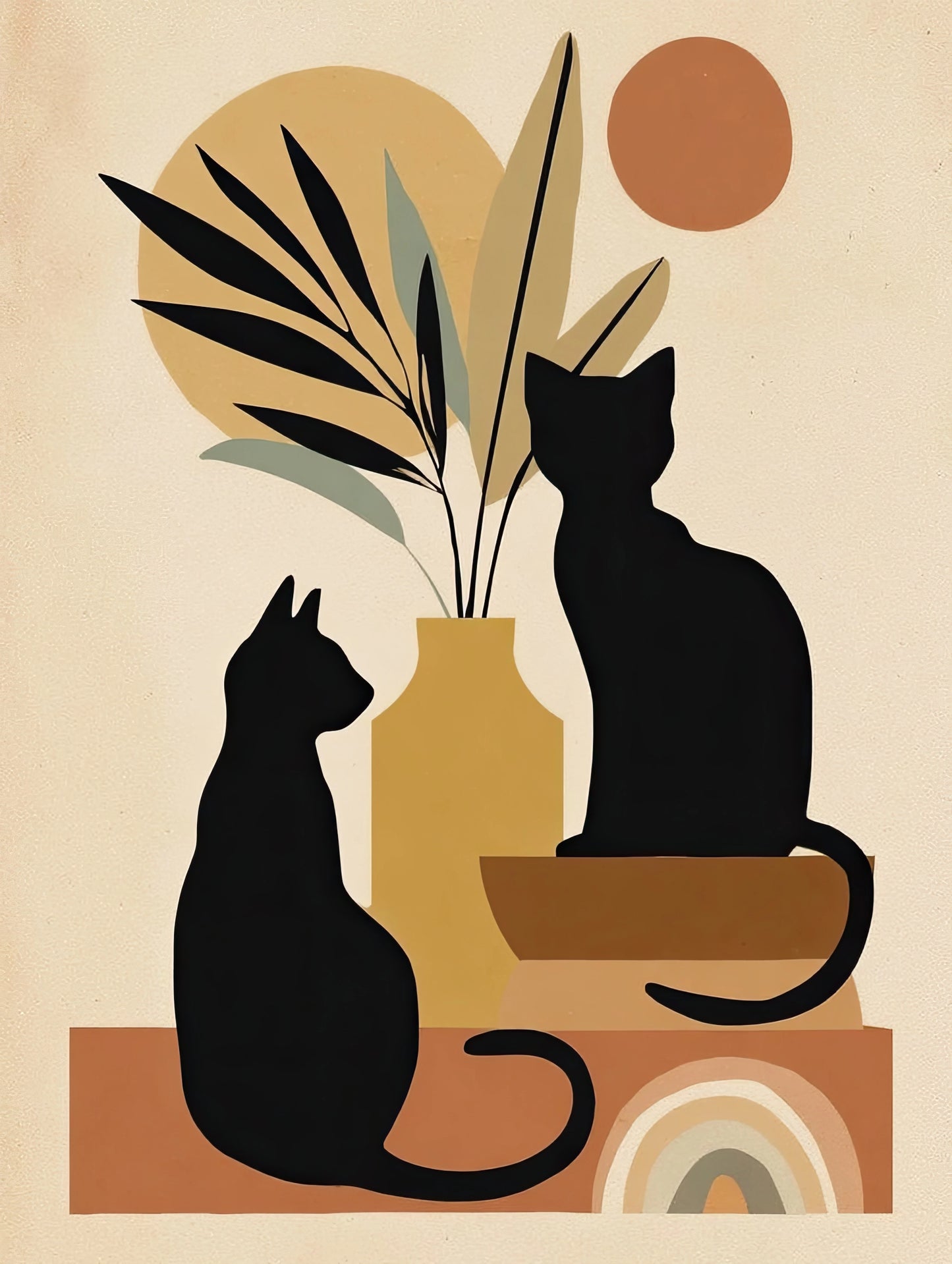 Volledig textielkunstwerk met twee zwarte katten en geometrische vormen in warme aardetinten
