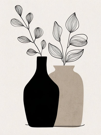 Volledig textielkunstwerk met minimalistische vazen en getekende bladeren in zwart en zandtinten
