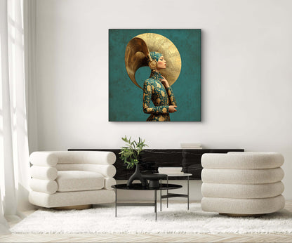 Kunstwerk Echo Relic aan de muur boven moderne beige fauteuils in licht interieur
