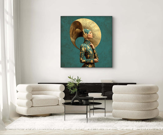 Kunstwerk Echo Relic aan de muur boven moderne beige fauteuils in licht interieur
