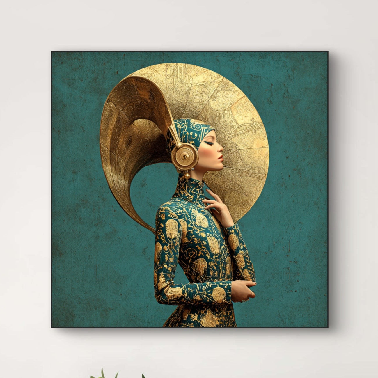 Detail van Echo Relic met vrouw in rijk versierde outfit en verguld hoofdornament
