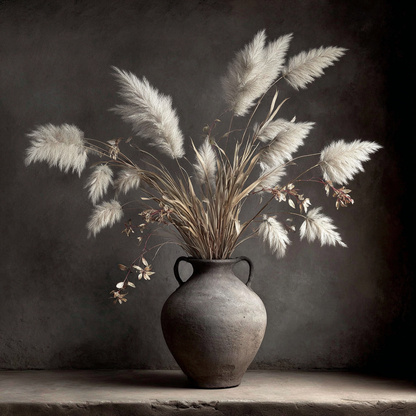 Volledig kunstwerk Echo van Aarde met kruik en pluimen in zachte aardetinten tegen donkere achtergrond 
