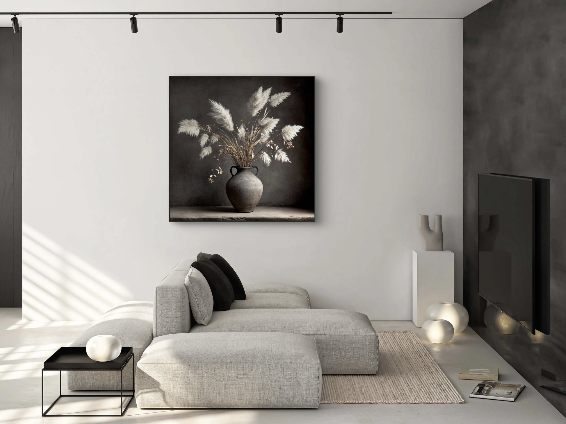 Mock-up van kunstwerk Echo van Aarde aan de muur boven modern grijs interieur 
