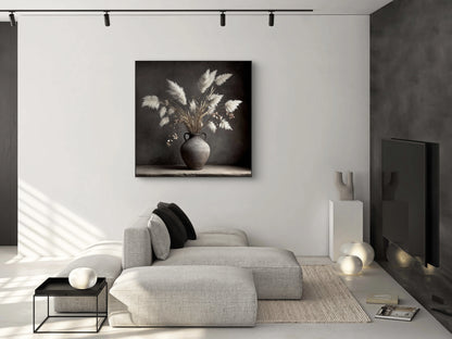 Mock-up van kunstwerk Echo van Aarde aan de muur boven modern grijs interieur 
