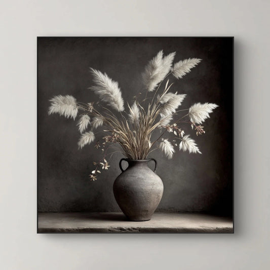 Detailopname van kunstwerk Echo van Aarde met verweerde kruik en lichte pluimen 
