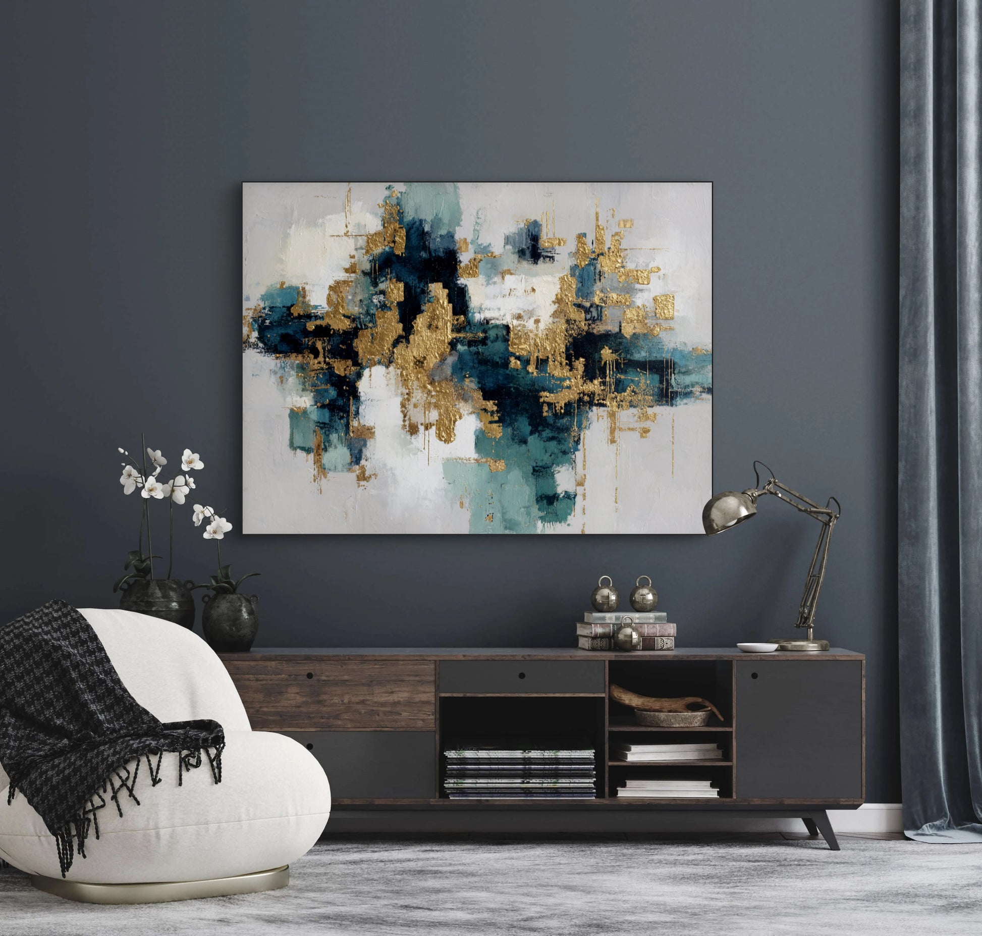 Mock-up van kunstwerk Echo van Diepte boven een donker dressoir in modern interieur met blauwgrijze muren 
