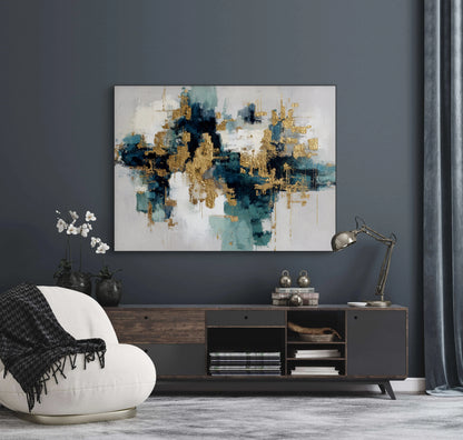 Mock-up van kunstwerk Echo van Diepte boven een donker dressoir in modern interieur met blauwgrijze muren 
