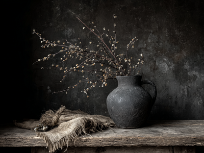 Volledig kunstwerk Echo van Duisternis met stilleven van kruik en takken in donkere tinten 
