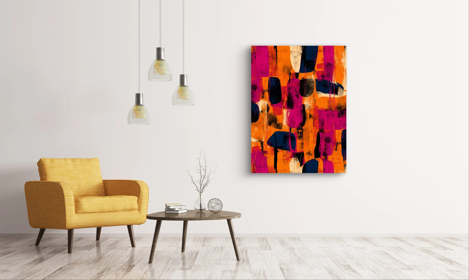 Mock-up van kunstwerk Echo van Ember aan de muur in modern interieur met gele stoel en houten tafel 
