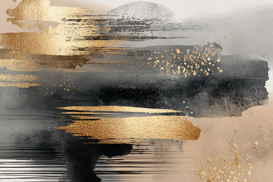 Volledig kunstwerk Echo van Goud met abstracte compositie van goud, zwart en grijs 
