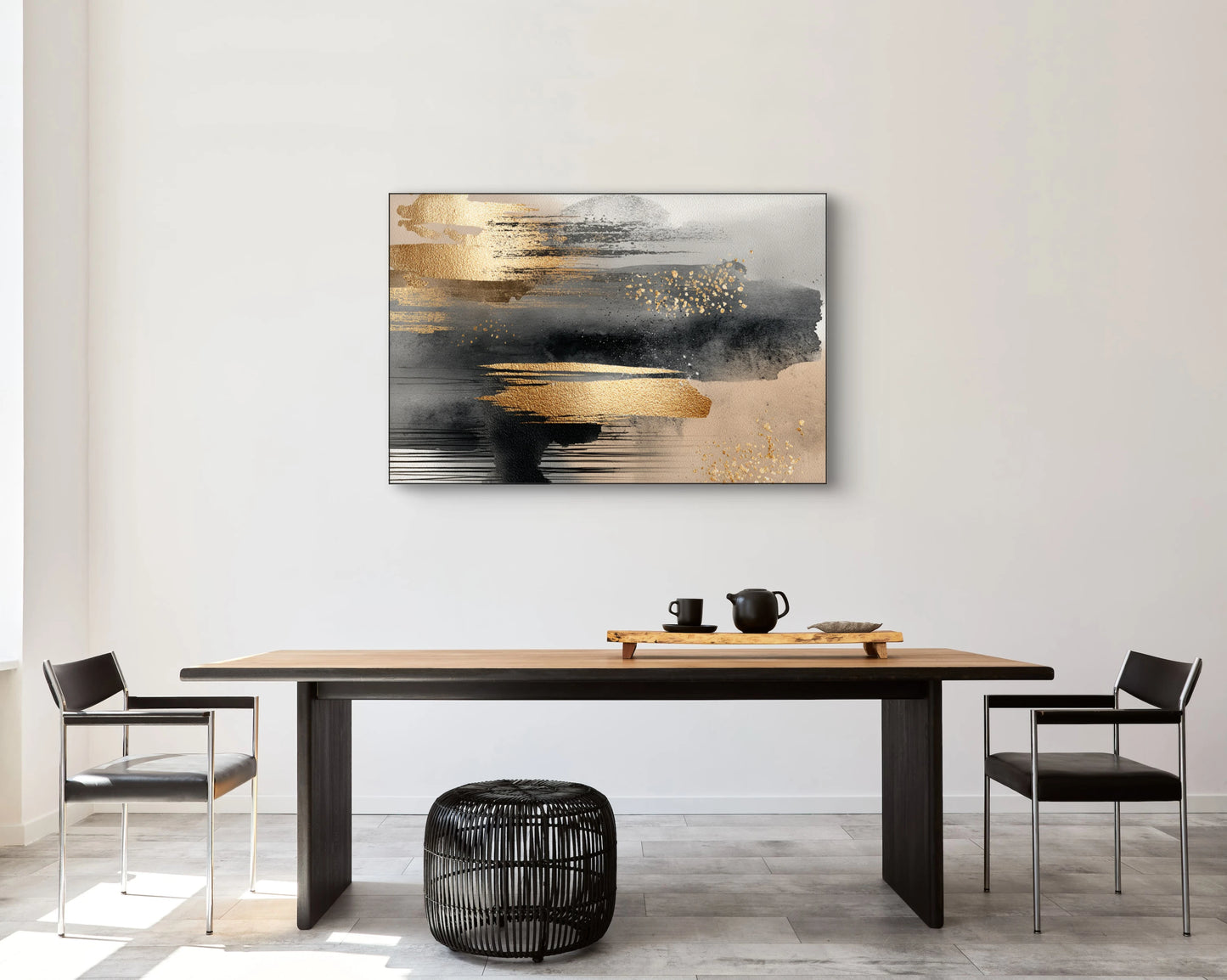 Mock-up van kunstwerk Echo van Goud aan de muur in modern interieur met houten tafel en zwarte accenten 
