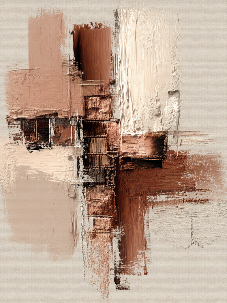 Volledige weergave van abstracte wandkunst Echo van Klei met warme aardetinten
