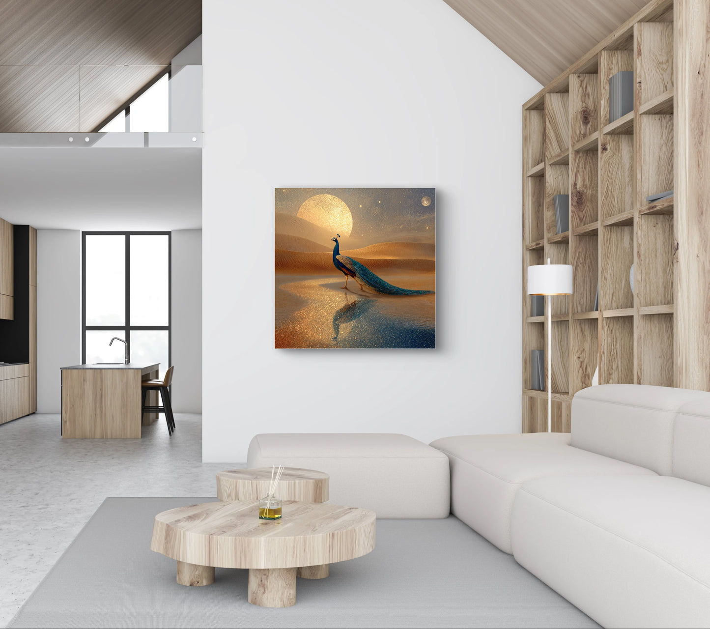 Mock-up van Echo van Licht aan de muur in een moderne woonkamer met houten kasten  

