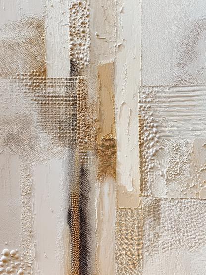 Volledige weergave van schilderij Echo van Steen met gelaagde structuur in neutrale tinten
