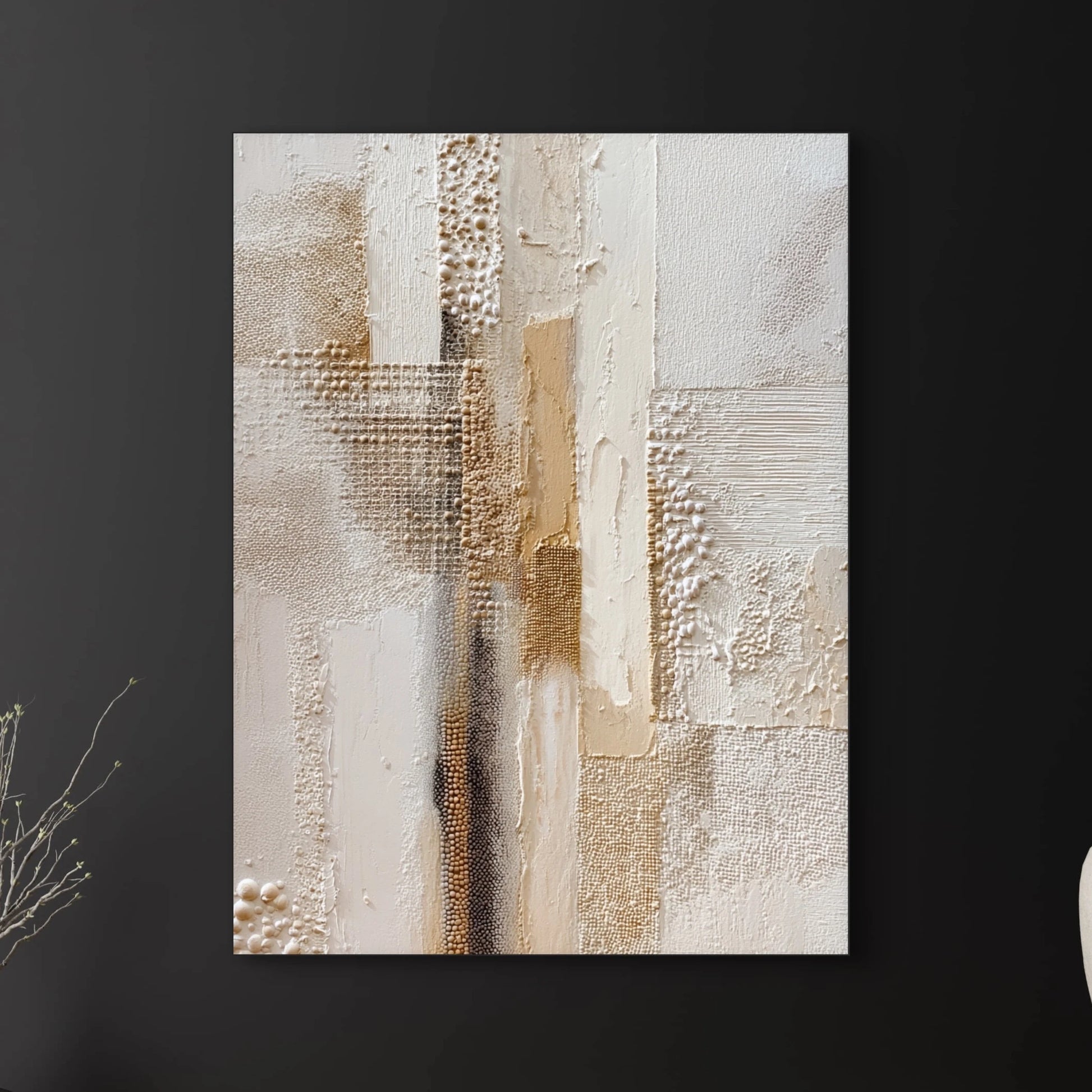 Detail van abstract kunstwerk Echo van Steen met voelbare texturen en subtiele kleurnuances
