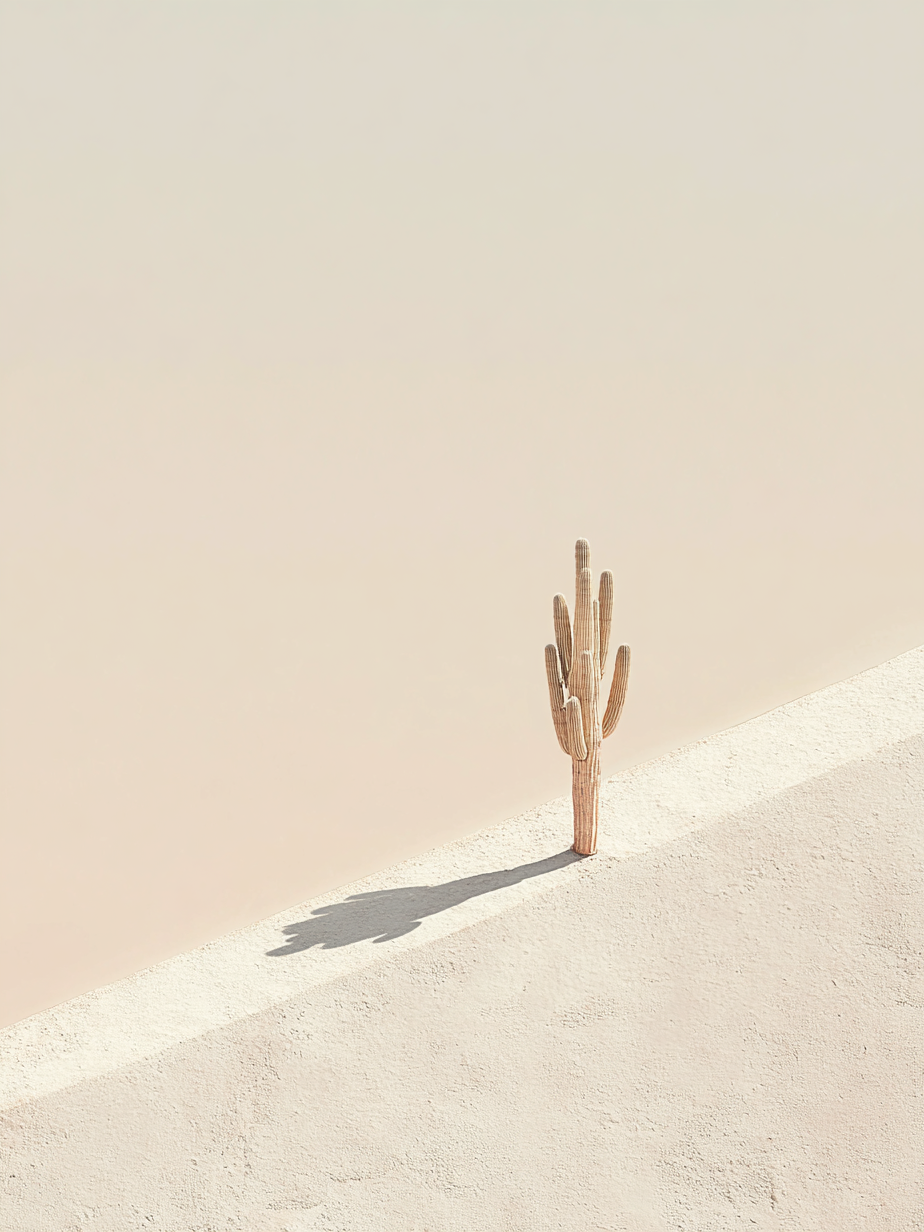 Minimalistisch kunstwerk Echo van Zand met cactus in zandlandschap in warme beige tinten.
