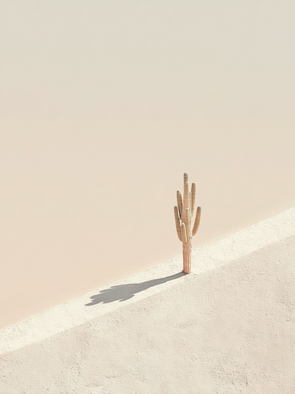 Minimalistisch kunstwerk Echo van Zand met cactus in zandlandschap in warme beige tinten.
